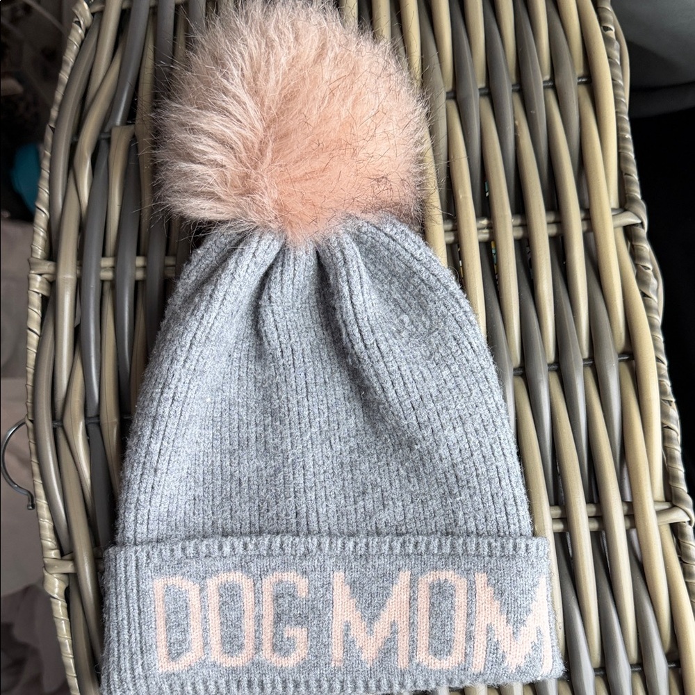 'Dog Mom' Knit Pom Beanie in Gray and Pink